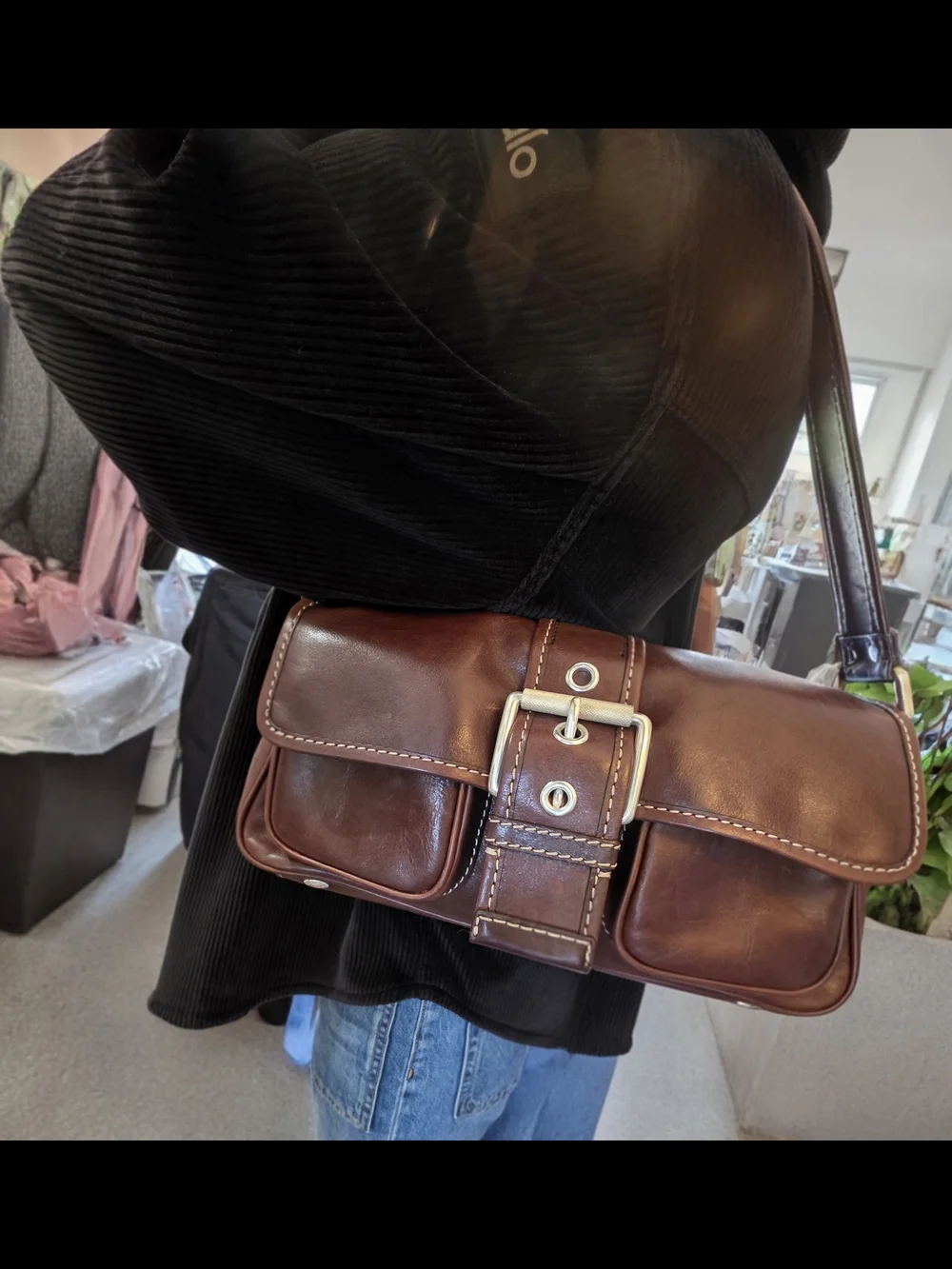 Classic Brown Leather Shoulder Bag with Buckle Detail
